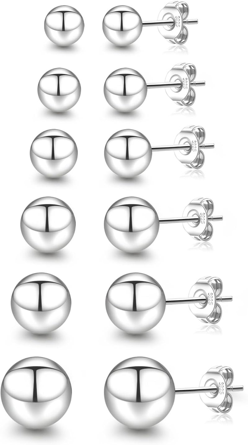 Senteria أقراط لؤلؤ من الفضة الإسترلينية 925 مجموعة أقراط صغيرة خفيفة الوزن لامعة للنساء 6 أزواج 3-10 مم - Image 1